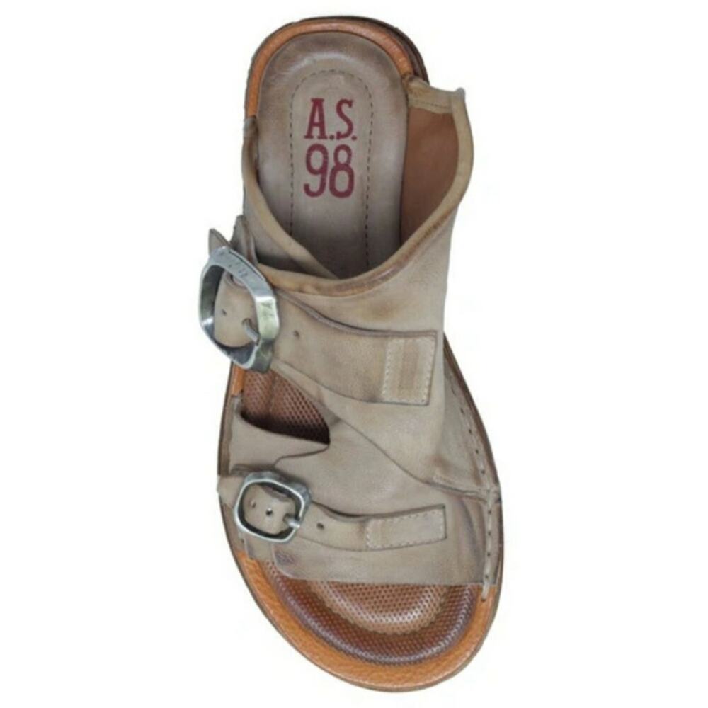 A.S.98 Taupe Leather Double Buckle Slide Sandal